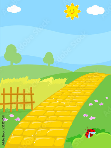 Cartoon yellow brick road in countryside, vector illustration background for kids
