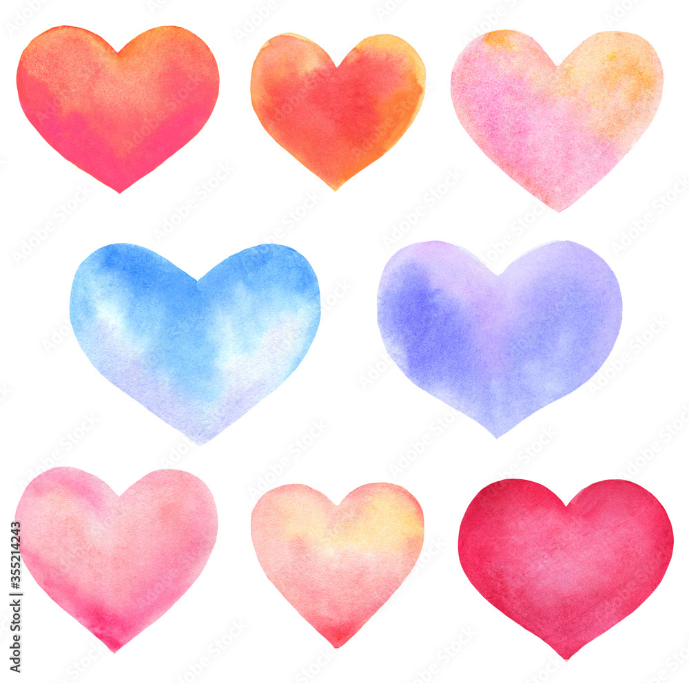 set of watercolor hearts isolated on white. hand-drawn illustration