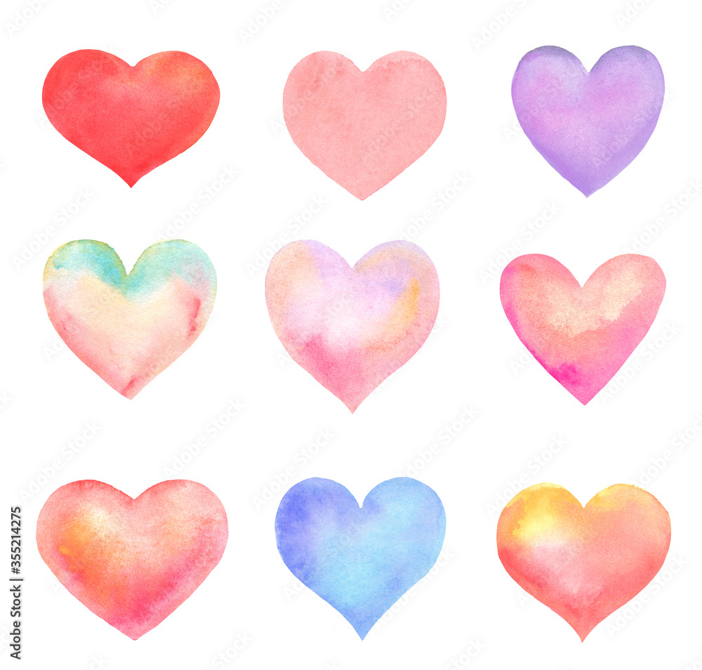 set of heart shapes made in watercolor isolated on white set of heart shapes made in watercolor isolated on white