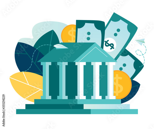 Vector flat illustration, bank building on a white background, bank financing, money exchange, financial services, ATM, giving out money