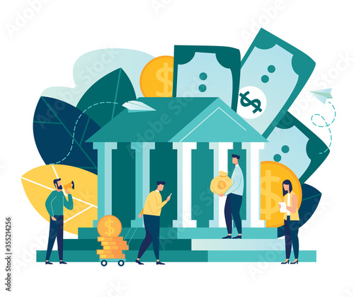 Vector flat illustration, bank building on a white background, bank financing, money exchange, financial services, ATM, giving out money