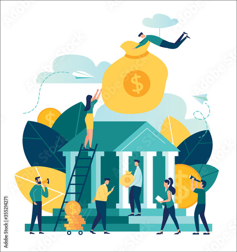 Vector flat illustration, bank building on white background, money exchange, financial services, ATM, giving out money, small bankers are engaged in work, a man holds a large bag with money in a bank