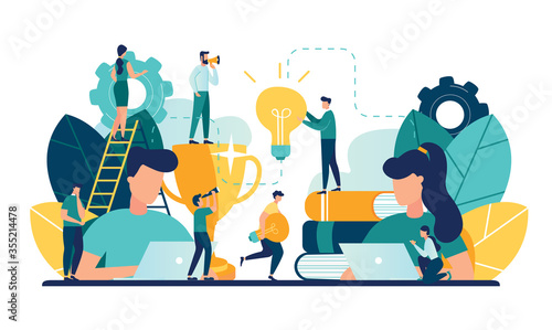 Vector creative illustration of business graphics, the company is engaged in joint construction, raising a career to success, the abstract person's head, filled with ideas of thought and analysis, gen