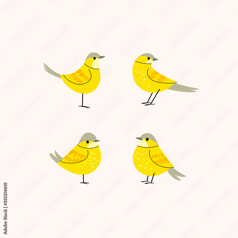 Cartoon bird icon set. Different poses of wagtail. Vector illustration for prints, clothing, packaging, stickers.