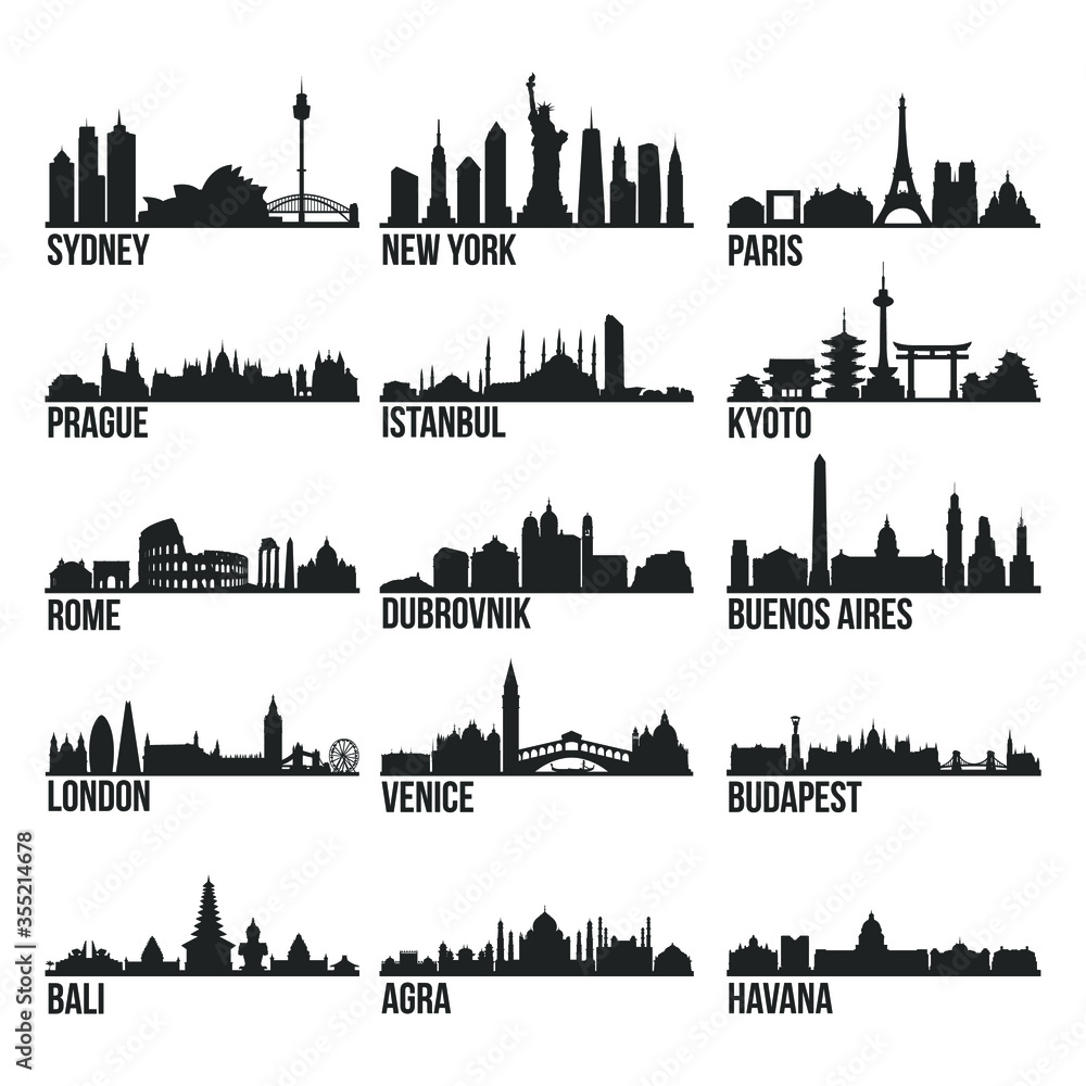 Romantic Cities Most Famous Skyline City Silhouette Design Collection Set  Pack 1 Stock Vector | Adobe Stock