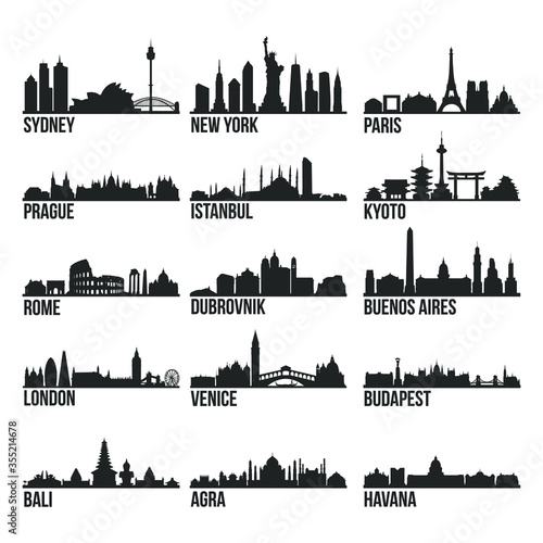 Romantic Cities Most Famous Skyline City Silhouette Design Collection Set Pack 1