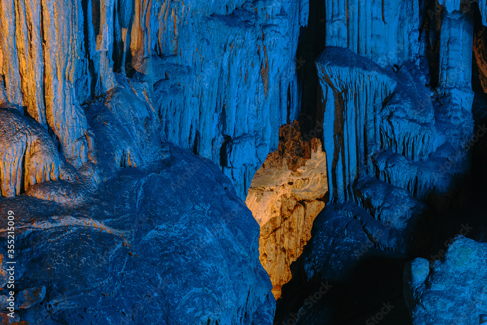 Stalagmite and stalactites, Inside the Melidoni cave. Crete. Greece
