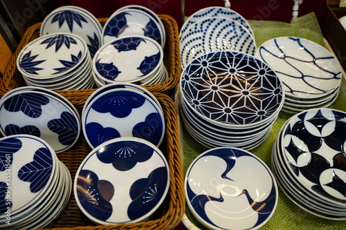 Photography Japanese pattern print dishes at Kappabashi, Tokyo, Japan
