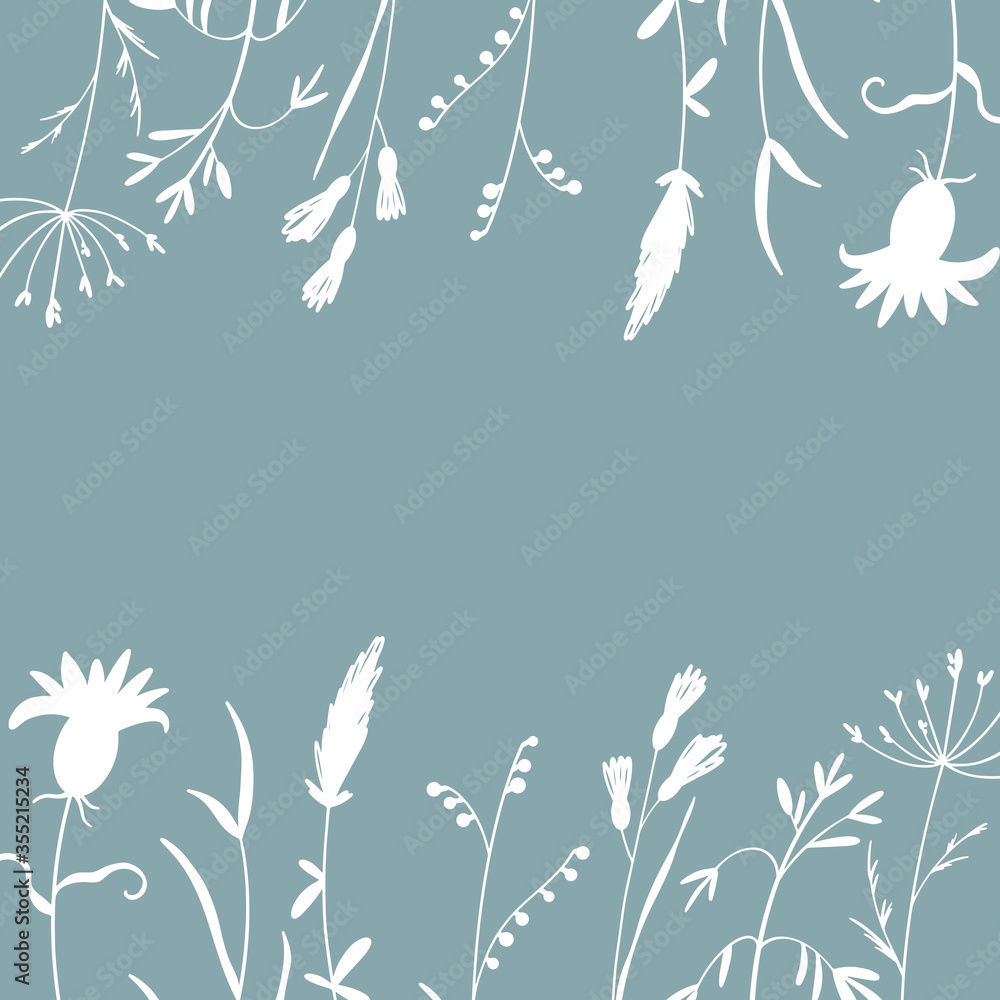 Sprigs of grass summer plant, flower. Digital art square frame border on a mint background. Print for fabric, clothes, postcard, wedding, invitation, wrapping paper. Sprigs of grass summer plant, flower. Digital art square frame border on a mint background. Print for fabric, clothes, postcard, wedding, invitation, wrapping paper.