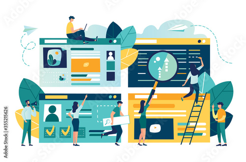 Flat vector illustration, web site development, teamwork, website coding, SEO concept, search engine, design for mobile and web graphics