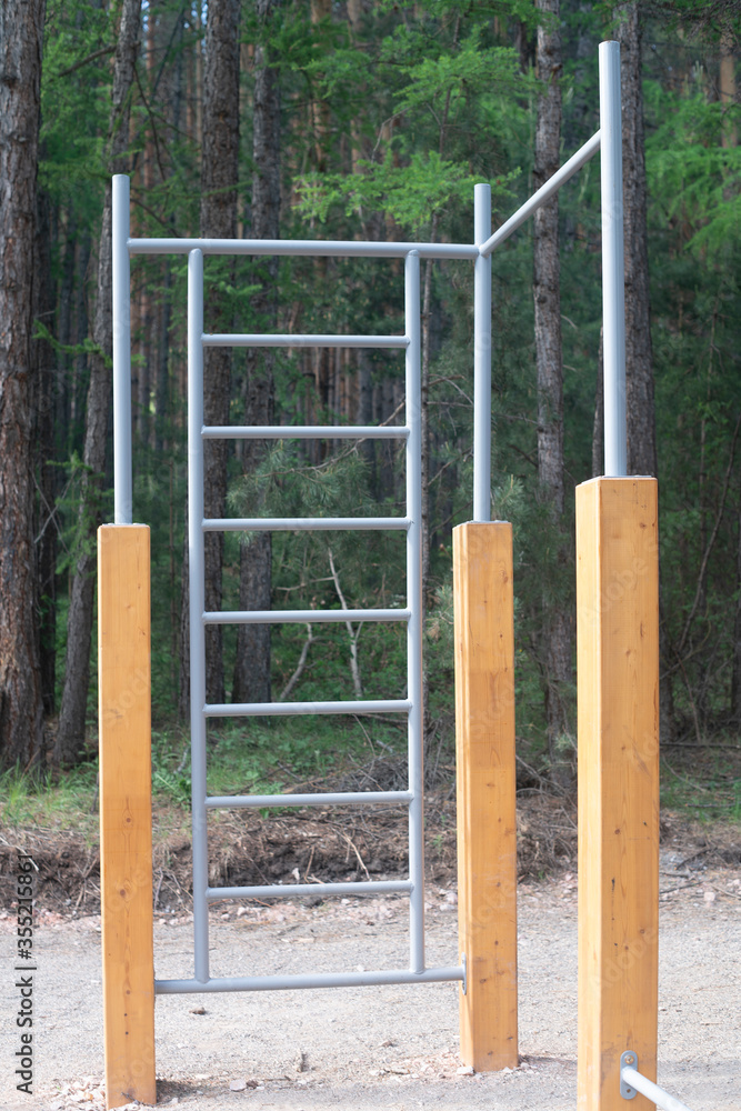 Horizontal bar and ladder for fitness. The simulator on a street playground in the forest.