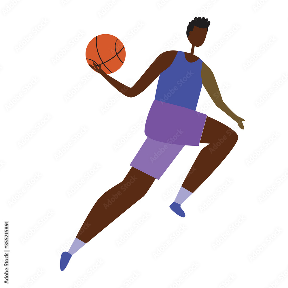 African man playing basketball isolated on white background, flat vector stock illustration with cartoon character as a concept of achievement of afro people