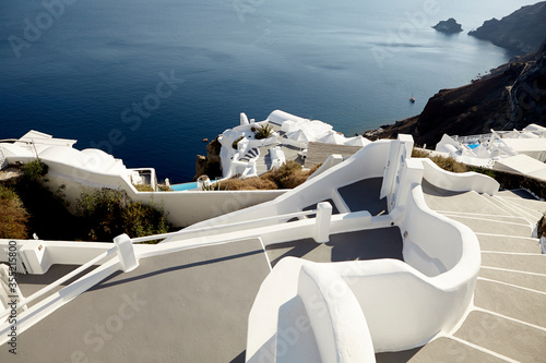 Caldera view through famous Santorini white stairs  