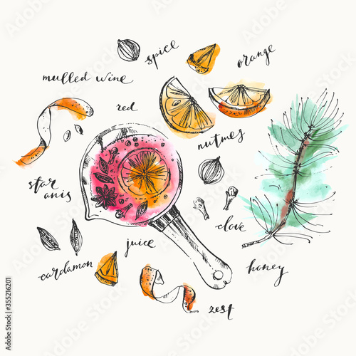 Mulled wine pot and ingredients ink and watercolor illustration.