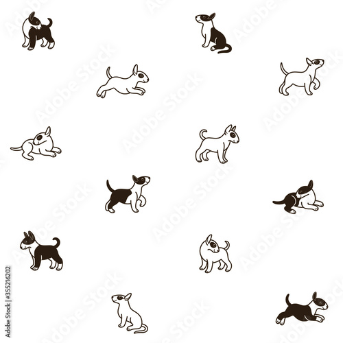 Fototapeta Naklejka Na Ścianę i Meble -  Cartoon happy bull terrier - seamless trendy pattern with dogs. Flat vector illustration for prints, clothing, packaging and postcards. 