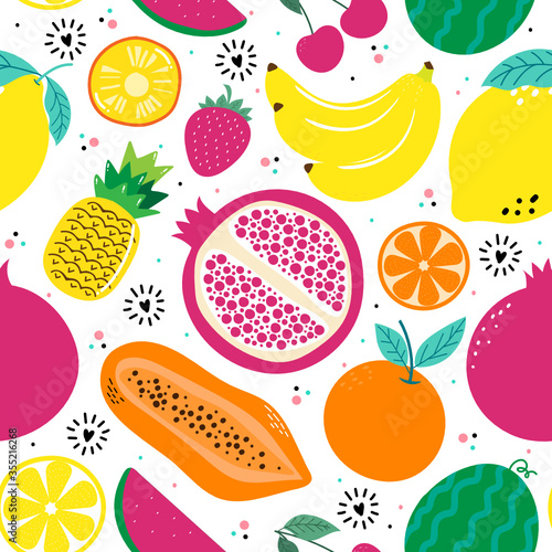 Fototapeta Naklejka Na Ścianę i Meble -  Hand drawn cute seamless pattern  fruits, Orange, Banana, Pomegranate, Cherry, Strawberry, Pineapple, Watermelon, Lemon and leaf on white  background. Vector illustration.