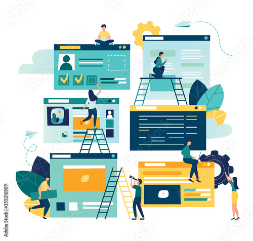 Vector flat illustration, a group of people communicates through the Internet social networks, the concept of communication, discussing business, news, acquaintance.