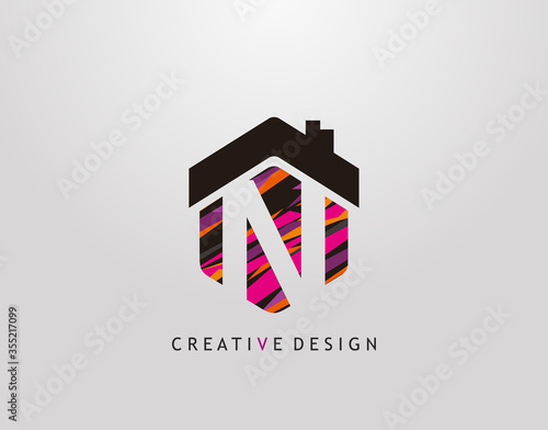 N Letter Logo. Creative hexagon house strip shape with negative space of letter N, Home Studio Icon Design.