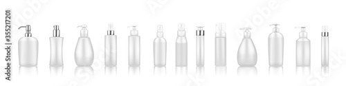 Pump bottle mockups: serum, moisturizer, soap, cream, sanitizer. Plastic package design with silver elements. Cosmetic, hygiene, skincare template. Set of isolated 3d realistic vector illustrations