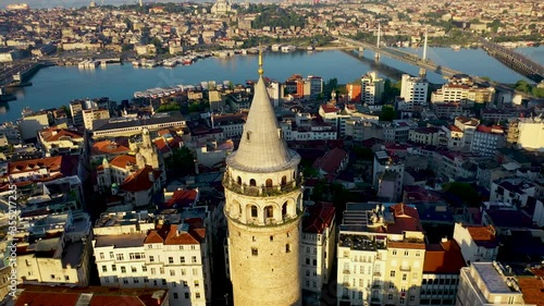 Galata Tower aerial view with Drone From Istanbul Turkiye.