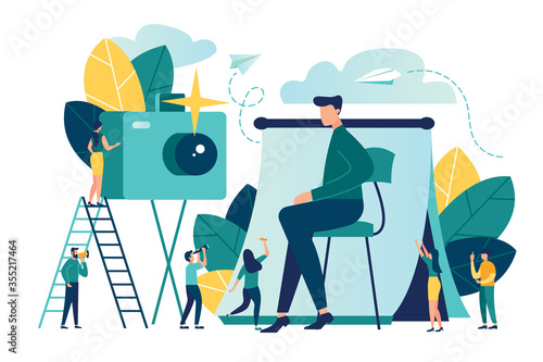 vector flat illustration, urgent photo for documents in the studio, a mirror lens with a flash, professional photo shooting