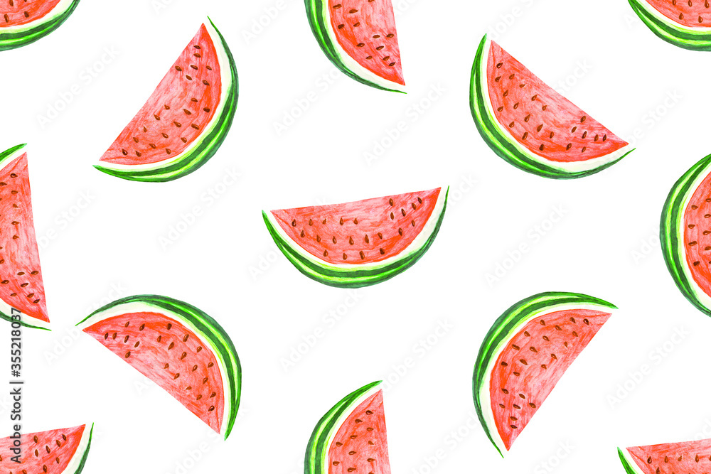 Naklejka premium Seamless pattern from hand drawn watercolor slice of watermelon on white. Creative backdrop allover print for fabric product surface design wallpaper