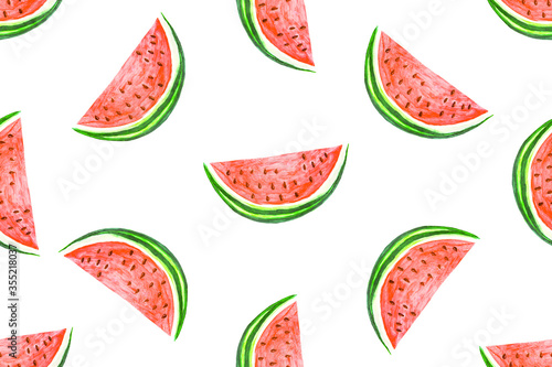Seamless pattern from hand drawn watercolor slice of watermelon on white. Creative backdrop allover print for fabric product surface design wallpaper