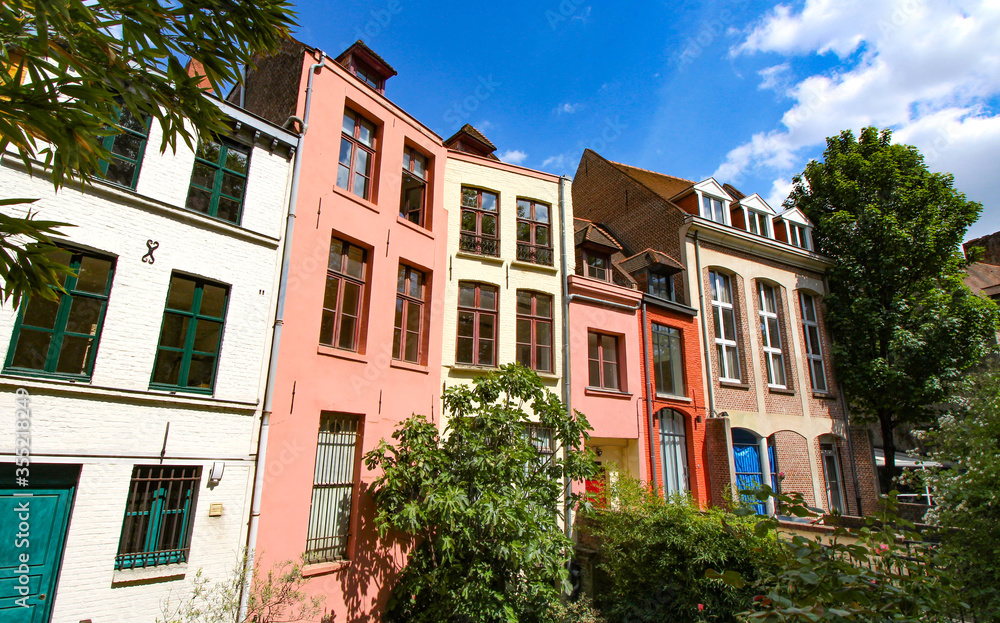 Fototapeta premium Row of old colorful houses in Place Gilleson behind Notre-Dame de la Treille Cathedral in Lille, France