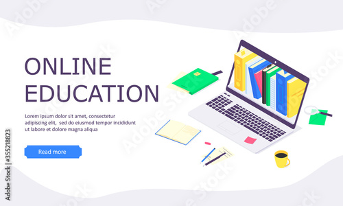 Isometric online education study banner concept, computer learn and book library flat design vector illustration