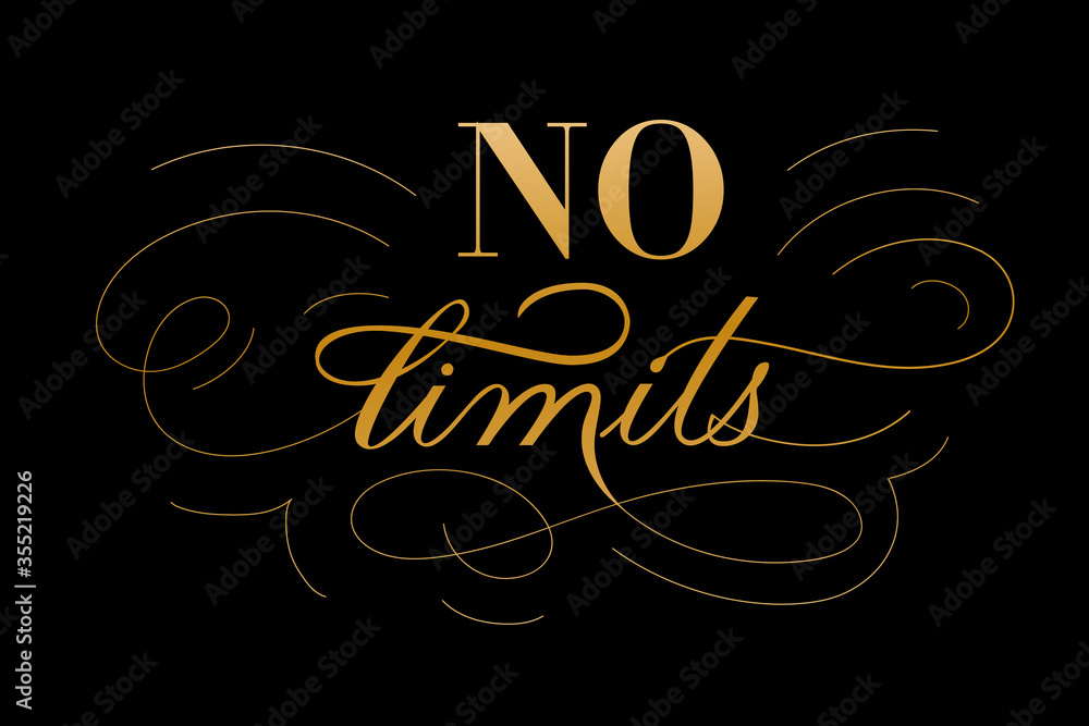 No limits hand drawn lettering phrase with florishes and swashes. Gradient golden letters on black background. Motivational qoute for invitation, poster, postcard, banner, social media advertising