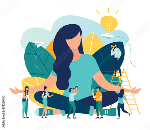 Vector illustration, the concept of meditation, the health benefits for the body, mind and emotions, the girl sits in a lotus pose surrounded by people, the thought process, the inception and the sear