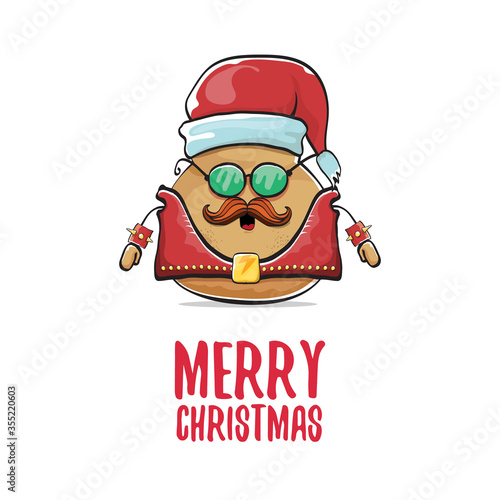 vector rock star santa potato funny cartoon cute character with with red santa hat and calligraphic merry christmas text isolated on white background. rock n roll christmas party poster