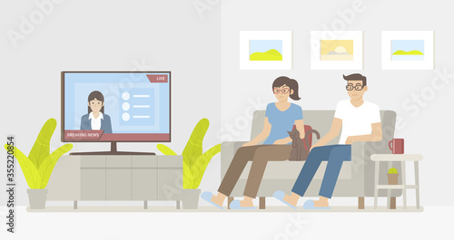 Woman, man and cat sitting on sofa and watching breaking news on smart tv in cozy living room with news reporter on screen in flat cartoon style