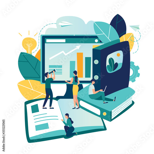 Vector flat illustrations, online training courses for employees, advanced training, analysis of infographics
