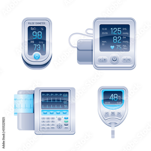 Medical device icon set. Tonometer, glucometer blood glucose meter, pulse oximeter, ECG electrocardiograph. 3d realistic vector illustration collection isolated white background. Health care equipment