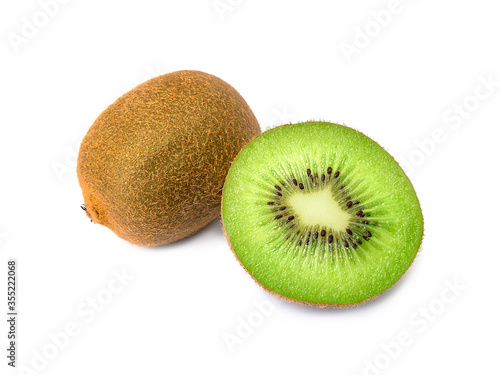 Ripe whole kiwi and half kiwi isolated on white background,Slice of kiwi fruit .