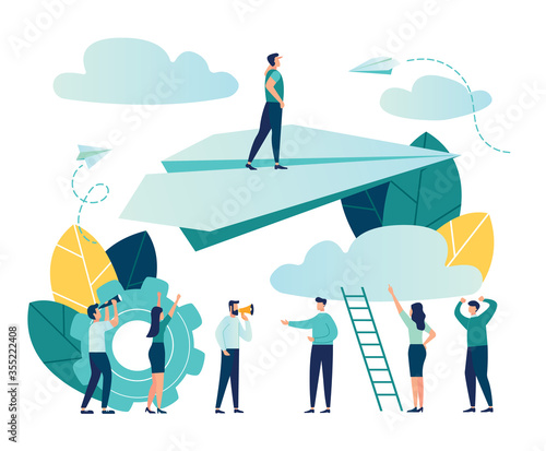 Vector illustration, concept of reaching the goal, a man rises up on a paper plane, the people downstairs support him and rejoice