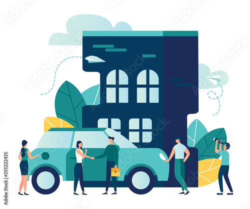 Vector modern flat illustration, concept of saving and investing money, investing in housing construction and buying a car