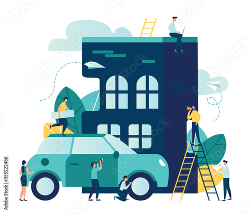 Vector modern flat illustration, construction and purchase of housing, arrangement of the street, car in the parking lot next to the house