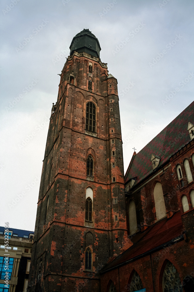 Belfry and clock tower of the Saint Elizabeth church of Wroclaw, also called bazylika sw elzbiety we wroclawiu,. It is a Catholic gothic church  a symbol of Wroclaw, poland
