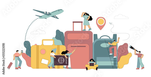 Travel, concept of vacation planning, trip, business trip. Tourism, tour, suitcase, bag, backpack. Vector illustration.
