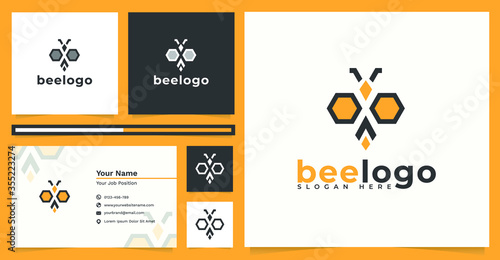 Logo design bee company and business card template.Can be used for honey production logos and logo needs regarding bees, personal logos, company logos and other needs. Premium Vector.