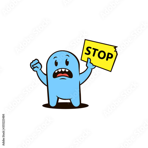 flat art color illustration of an outraged blue cartoon character with a protest poster with the word stop in his hand