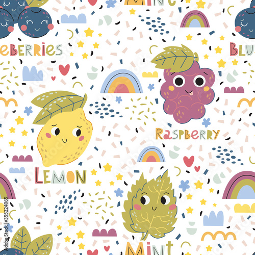Vector pattern with cartoon lemon, mint, raspberries, blueberries, rainbow. Flat style.