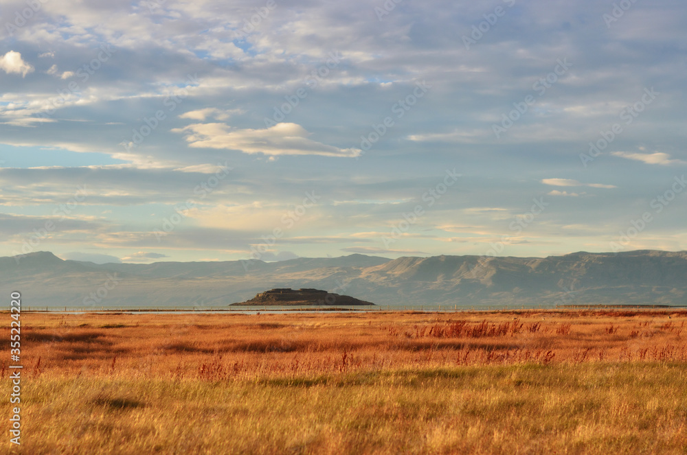 Landscape Reserva Laguna Nimez at sunset in El Calafate, Patagonia, Argentina