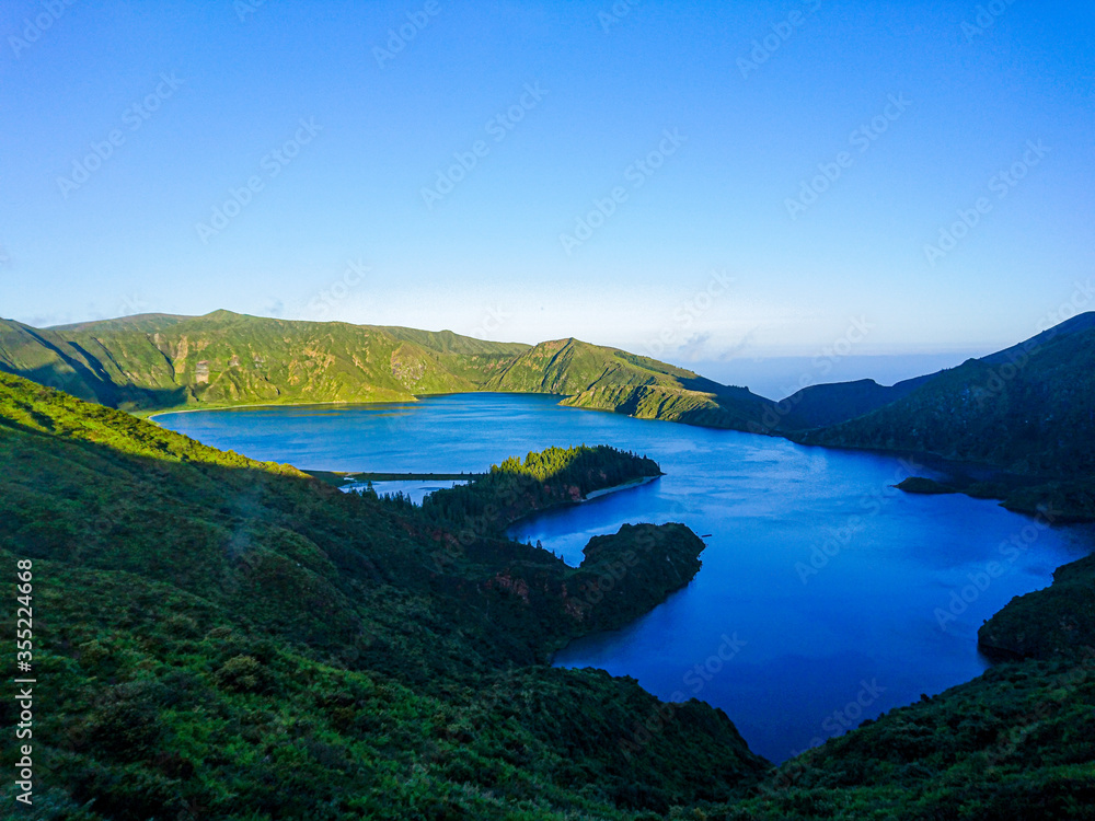Landscape of Lagoa do Fogo with clear sky and sunset
