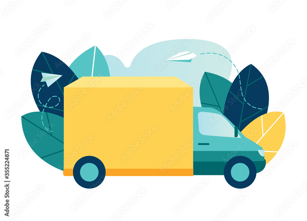 Naklejka premium Vector illustration, flat style, delivery service, yellow truck, trucking, transport advertising
