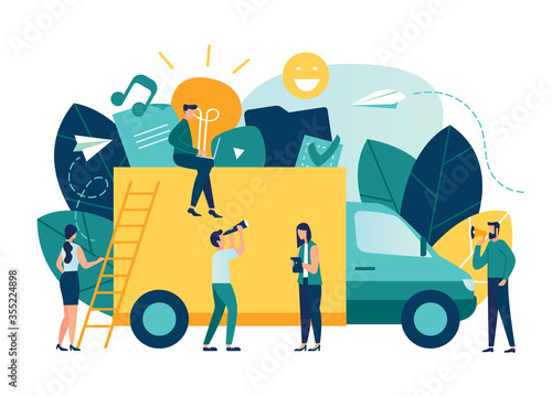 Vector illustration, flat style, delivery service, yellow truck carries different files, trucking, transport advertising 