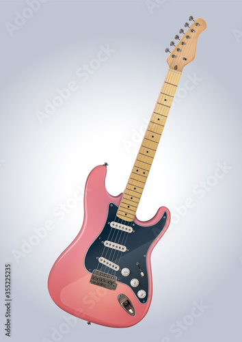 Classic electric guitar with pink painted body. Isolated  photo realistic vector illustration