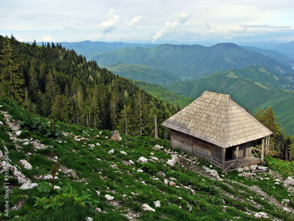 Fototapeta premium Old wooden sheepfold / cottage / cabin in the mountains